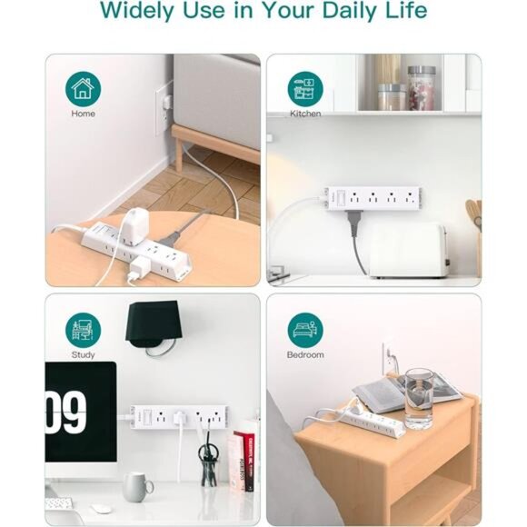 10FT Extension Cord - Power Strip Surge Protector, Flat Plug, Addtam 12 Widely - Picture 7 of 16